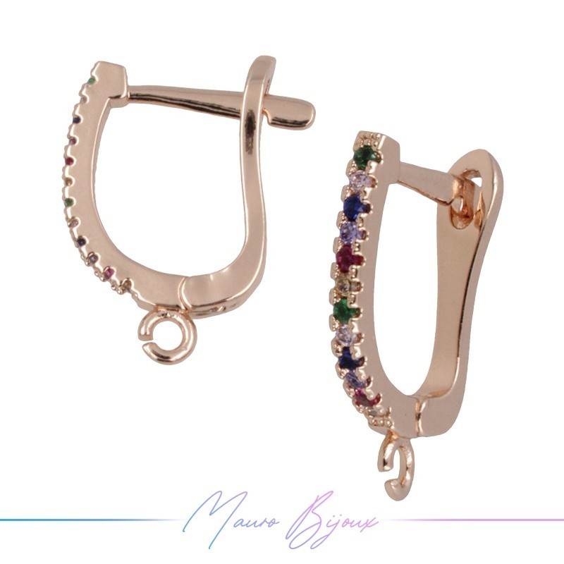 Orecchini Cerchio 2 in Ottone Oro Rosa con Strass Multicolor