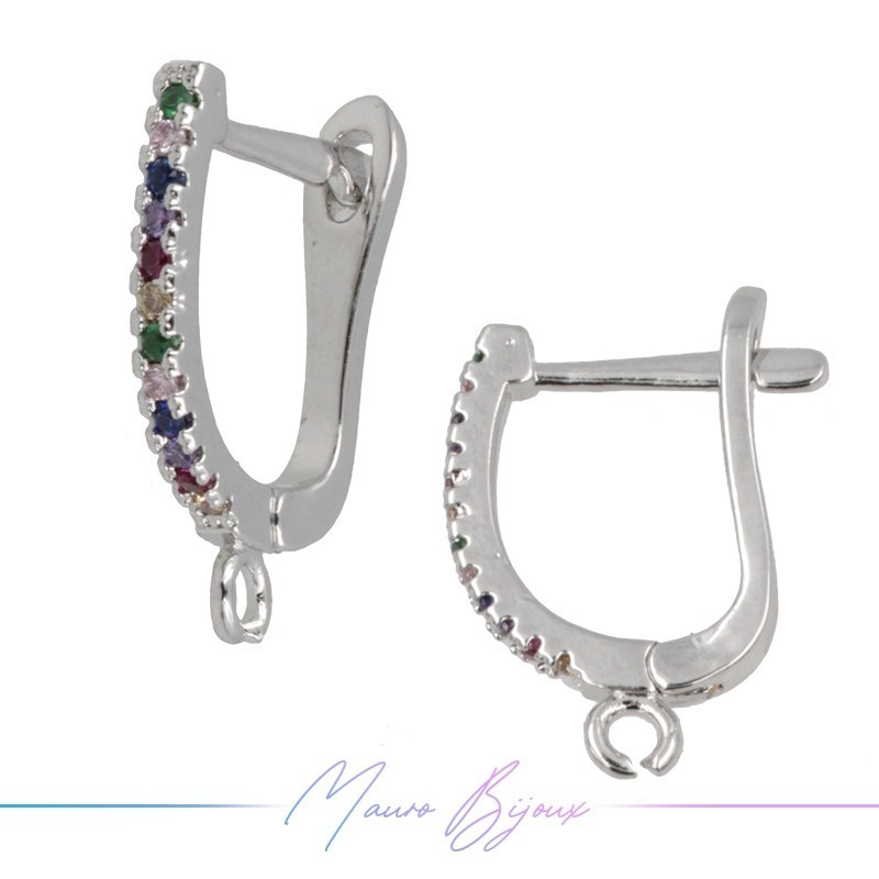 Orecchini Cerchio 2 in Ottone Argento con Strass Multicolor