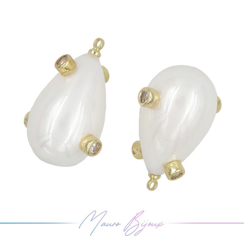 Charm Majorcan Pearls Drop White in Gold Brass with Rhinestone