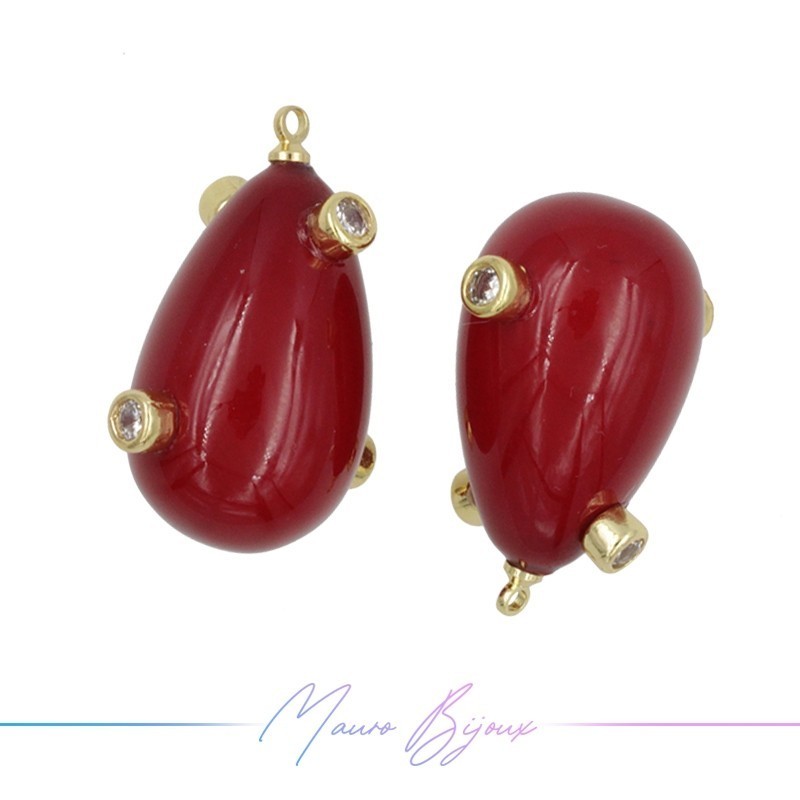 Ciondoli Perle di Maiorca Goccia Rosso in Ottone Dorato con Strass