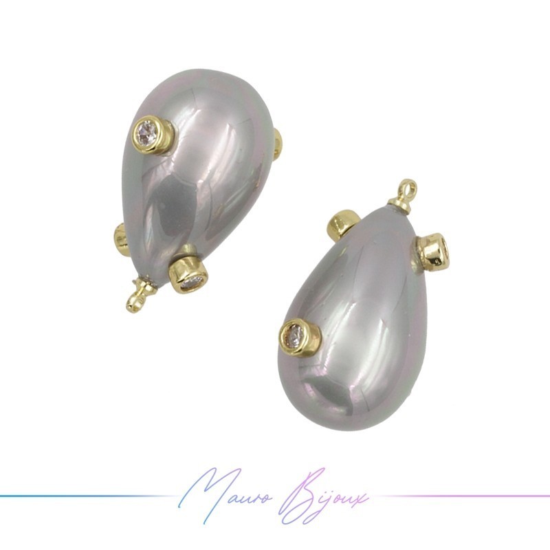 Ciondoli Perle di Maiorca Goccia Grigio in Ottone Dorato con Strass