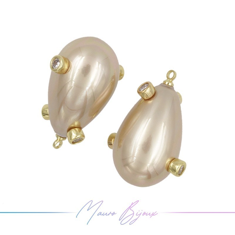 Ciondoli Perle di Maiorca Goccia Beige in Ottone Dorato con Strass