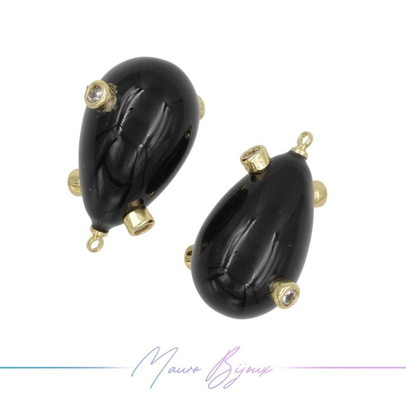 Charm Majorcan Pearls Drop Black in Gold Brass with Rhinestone