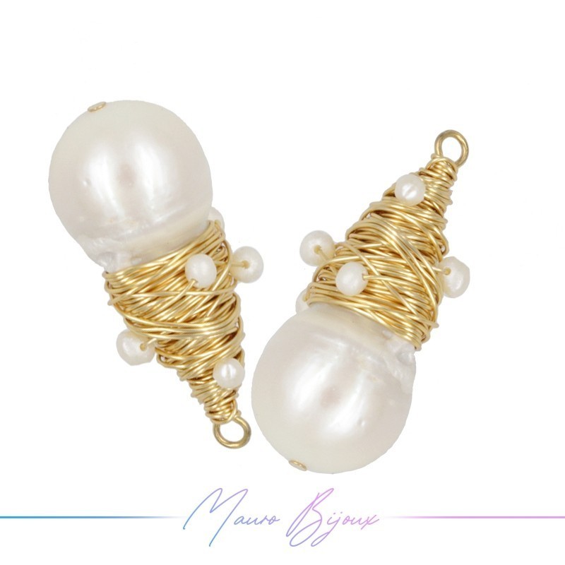 Charm Pearls Drop White Threaded in Gold Brass