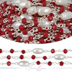 Silver Rosary Chain with Border Crystals and Oval Pearl (1mt)