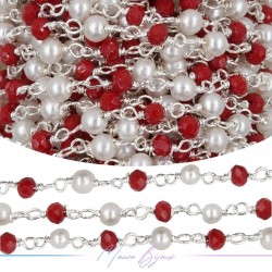 Silver Rosary Chain with Border Crystals and Round Pearl (1mt)