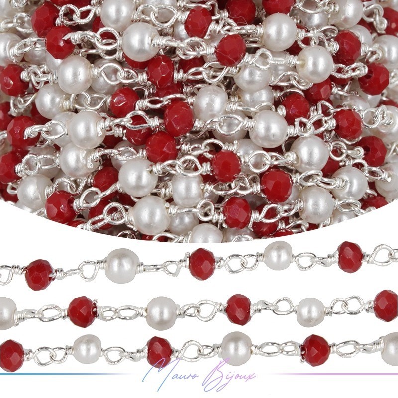 Catena del Rosario in Ottone Argento con Cristalli Bordo e Perle Tondo (1mt)