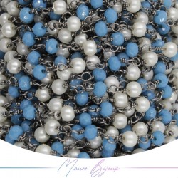 Gun Metal Rosary Chain with Light Blue Crystals and Round Pearl (1mt)