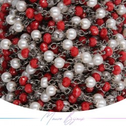 Gun Metal Rosary Chain with Red Crystals and Round Pearl (1mt)