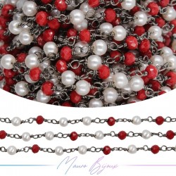 Gun Metal Rosary Chain with Red Crystals and Round Pearl (1mt)