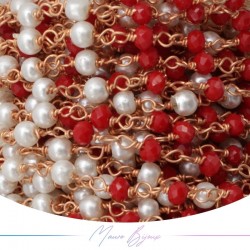 Catena del Rosario in Ottone Oro Rosa con Cristalli Rosso e Perle Tondo (1mt)