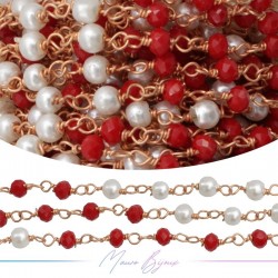 Catena del Rosario in Ottone Oro Rosa con Cristalli Rosso e Perle Tondo (1mt)