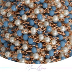 Catena del Rosario in Ottone Oro Rosa con Cristalli Azzurro e Perle Tondo (1mt)