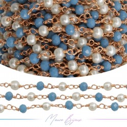 Rose Gold Rosary Chain with Light Blue Crystals and Round Pearl (1mt)
