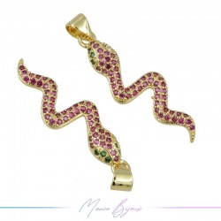 Gold Snack Charms in Brass with Fuchsia Rhinestones 32x9.8mm