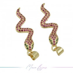 Gold Snack Charms in Brass with Fuchsia Rhinestones 32x9.8mm