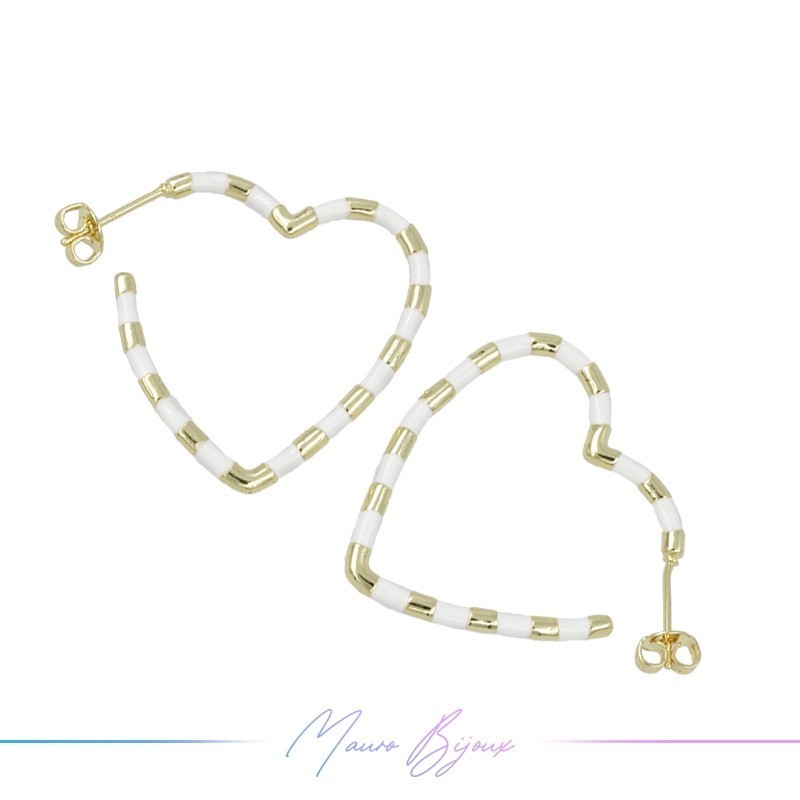 Orecchini in Ottone Argento Smaltati Cuore Bianco 31x36.5mm