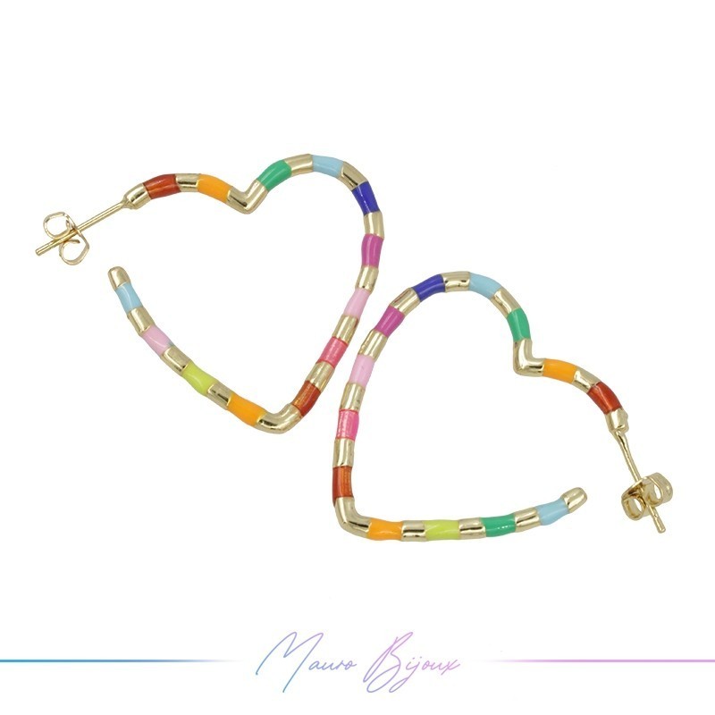 Orecchini in Ottone Argento Smaltati Cuore Multicolor 31x36.5mm