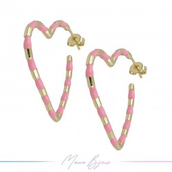 Silver Heart Earrings in Brass Enamelled Rose 31x36.5mm