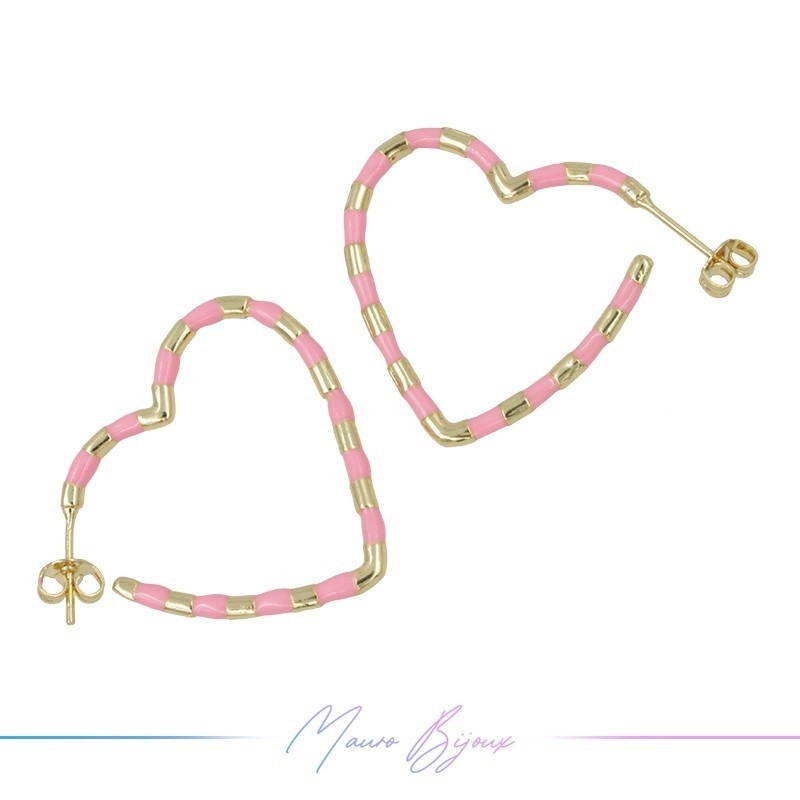 Silver Heart Earrings in Brass Enamelled Rose 31x36.5mm