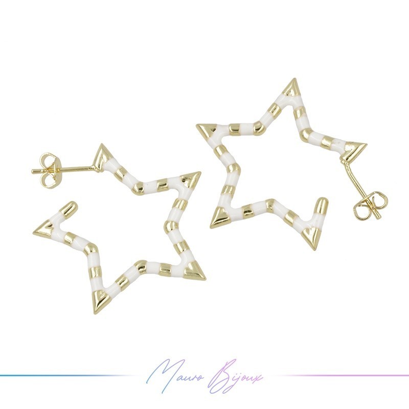 Silver Stars Earrings in Brass Enamelled White 29x31.5mm