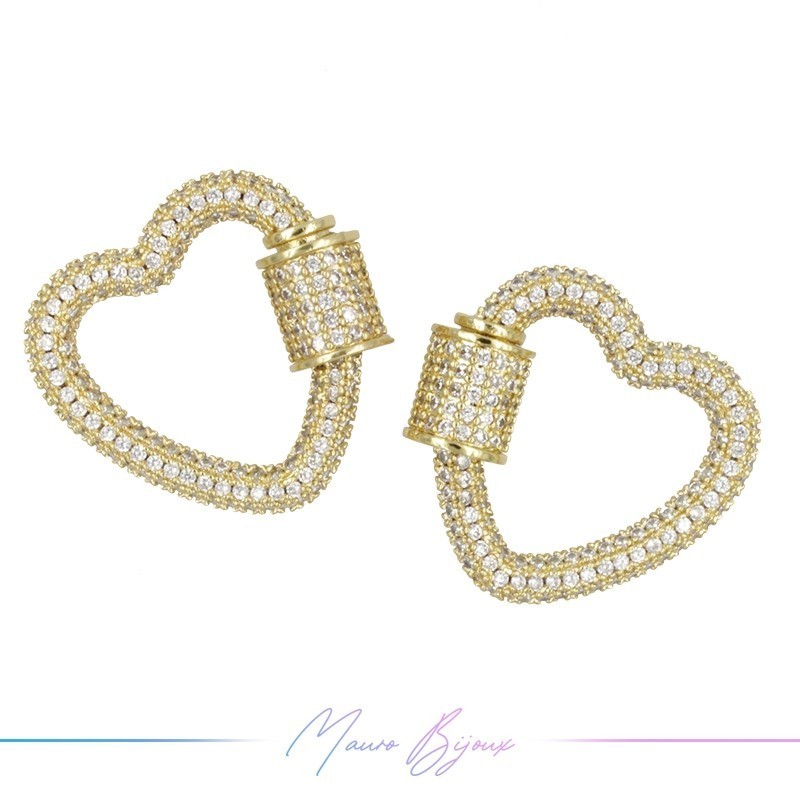 Gold Heart Closure in Brass with Rhinestones 23x24.5mm