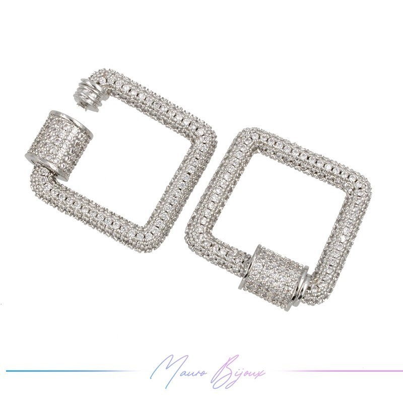 Silver Square Closure in Brass with Rhinestones 23.2x25mm