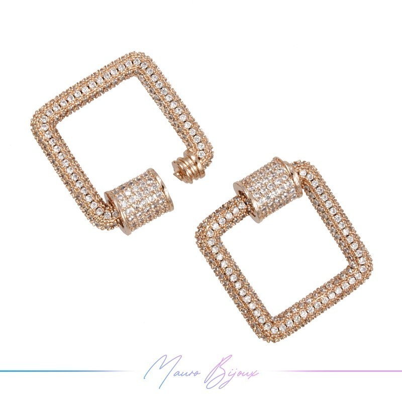 Chiusura in Ottone Quadrato Oro Rosa con Strass 23.2x25mm