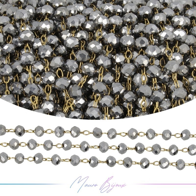 Gold Rosary Chain with Silver Trasparent Crystals (1mt)