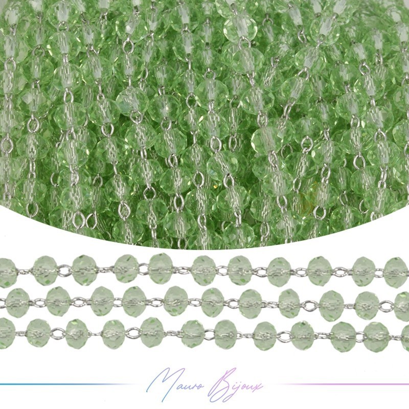 Catena del Rosario in Ottone Argento con Cristalli Verde Trasparente (1mt)