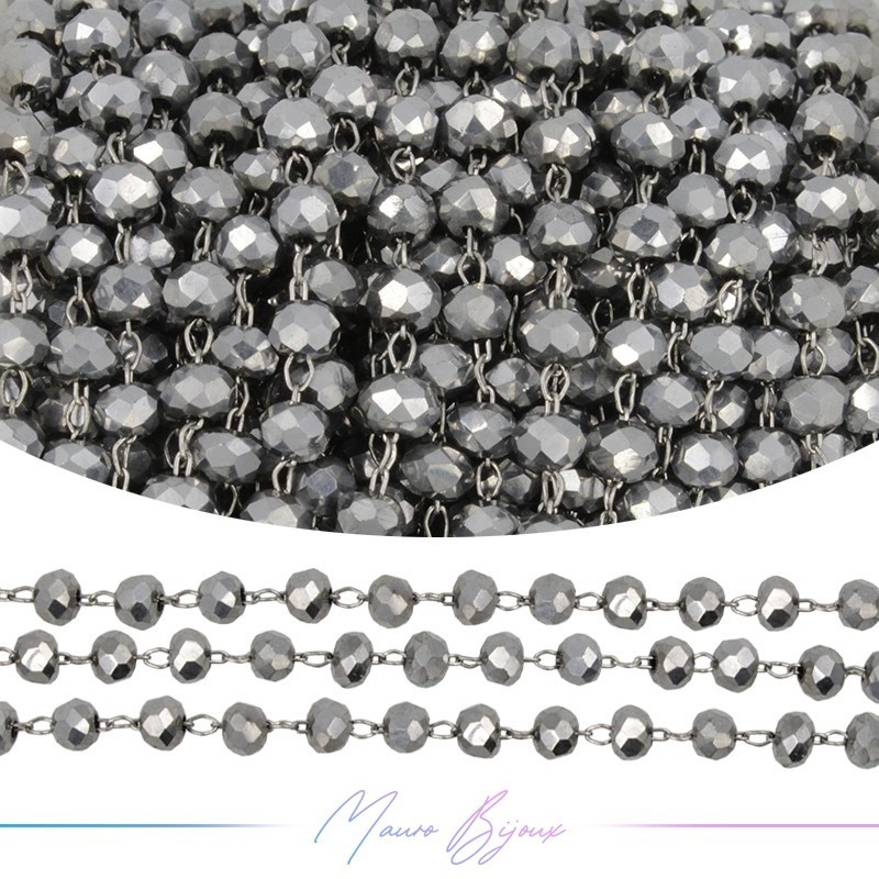 Catena del Rosario in Ottone Argento con Cristalli Argento (1mt)