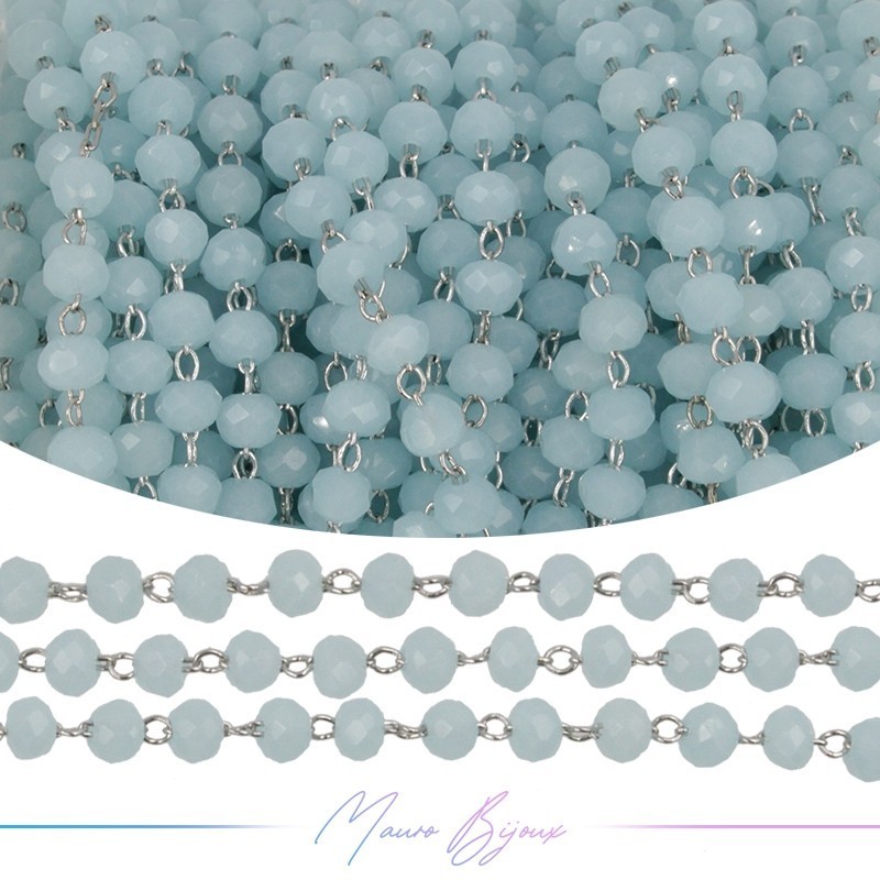 Silver Rosary Chain in Brass with Light Blue Crystals (1mt)