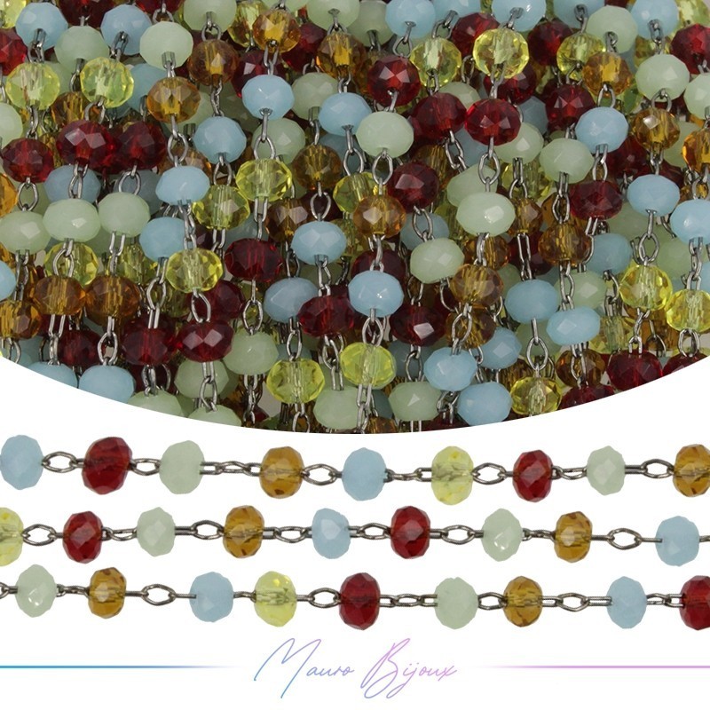 Gun Metal Rosary Chain in Brass with Multicolor Trasparent Crystals (1mt)