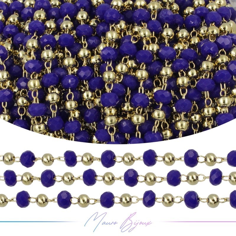 Catena in Acciaio Dorato Cristalli Blu con Pallina 1 mt