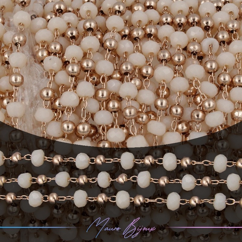 Catena in Acciaio Oro Rosa Cristalli Panna con Pallina 1 mt