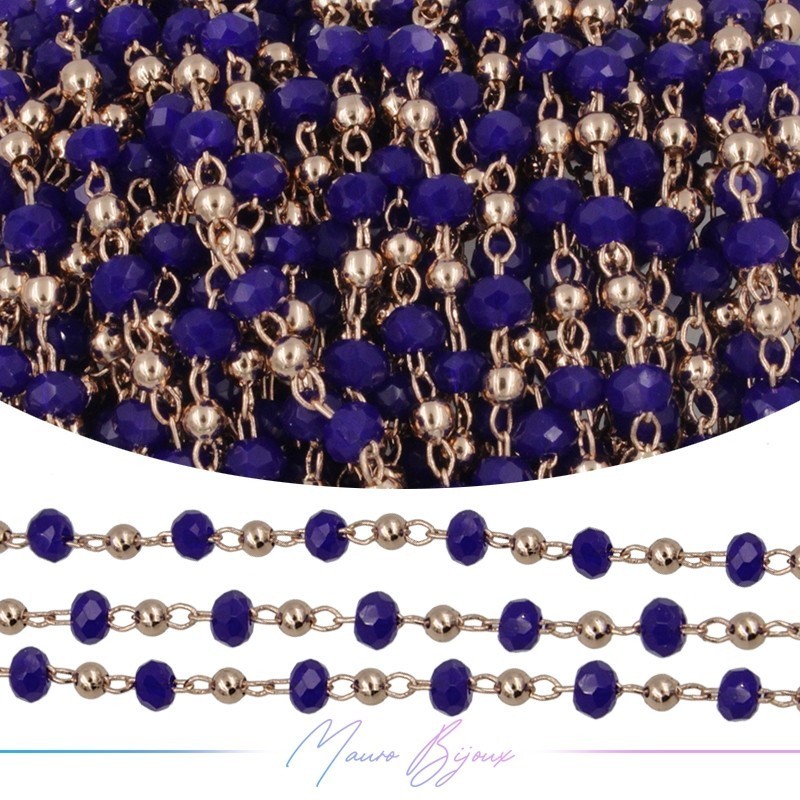 Catena in Acciaio Oro Rosa Cristalli Blu con Pallina 1 mt