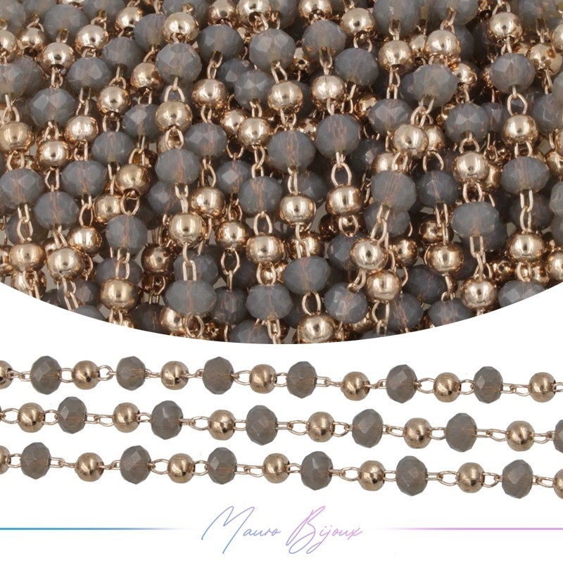Catena in Acciaio Oro Rosa Cristalli Grigio con Pallina 1 mt