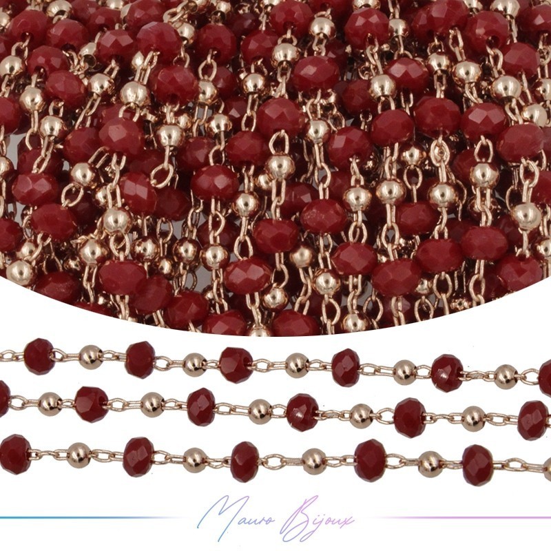 Catena in Acciaio Oro Rosa Cristalli Rosso con Pallina 1 mt