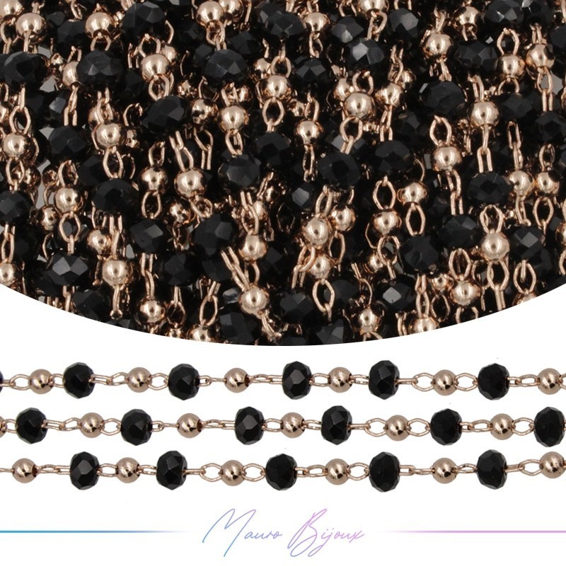 Catena in Acciaio Oro Rosa Cristalli Nero con Pallina 1 mt