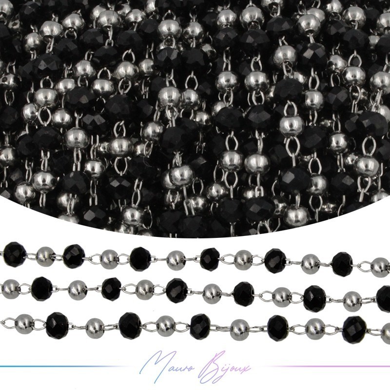 Catena in Acciaio Argento Cristalli Nero con Pallina 1 mt