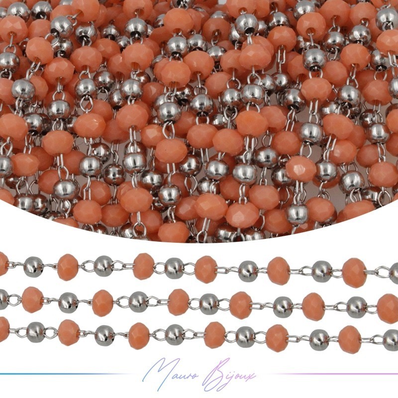 Catena in Acciaio Argento Cristalli Arancione con Pallina 1 mt