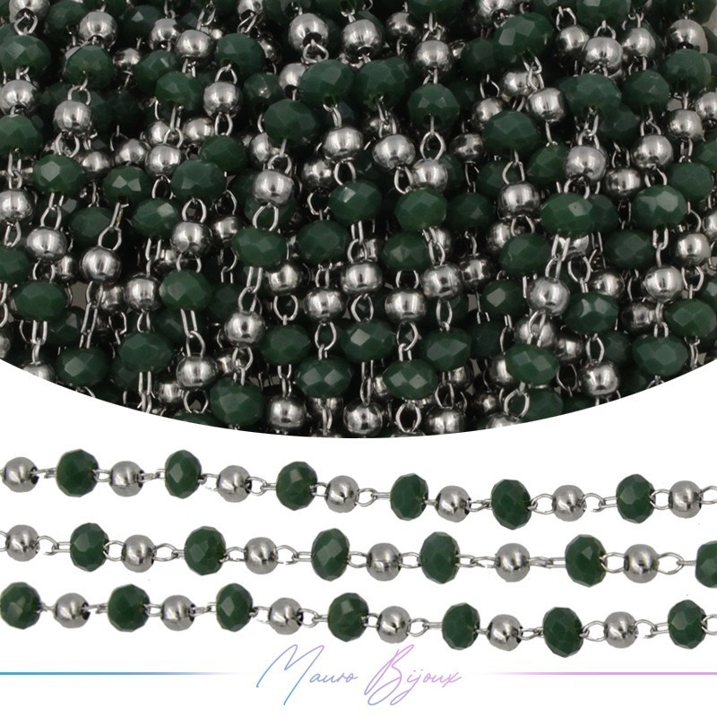 Chain in Silver Inox Dark Green Crystals 1mt