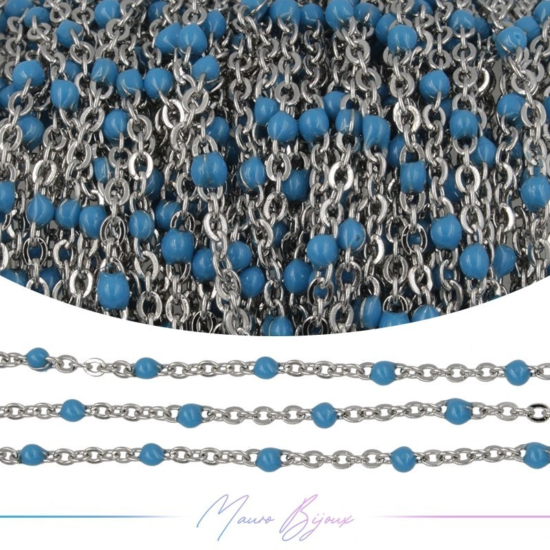 Catena in Acciaio Argento Pallina Smaltati Azzurro 1 mt