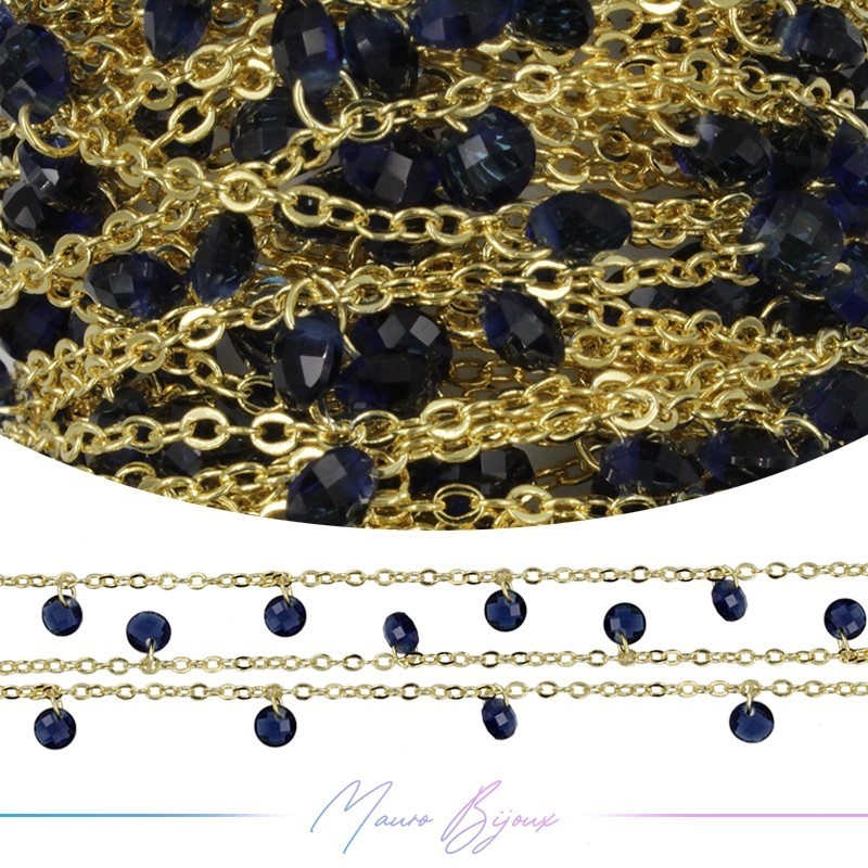 Catena in Ottone Dorato Zircone Blu 1mt