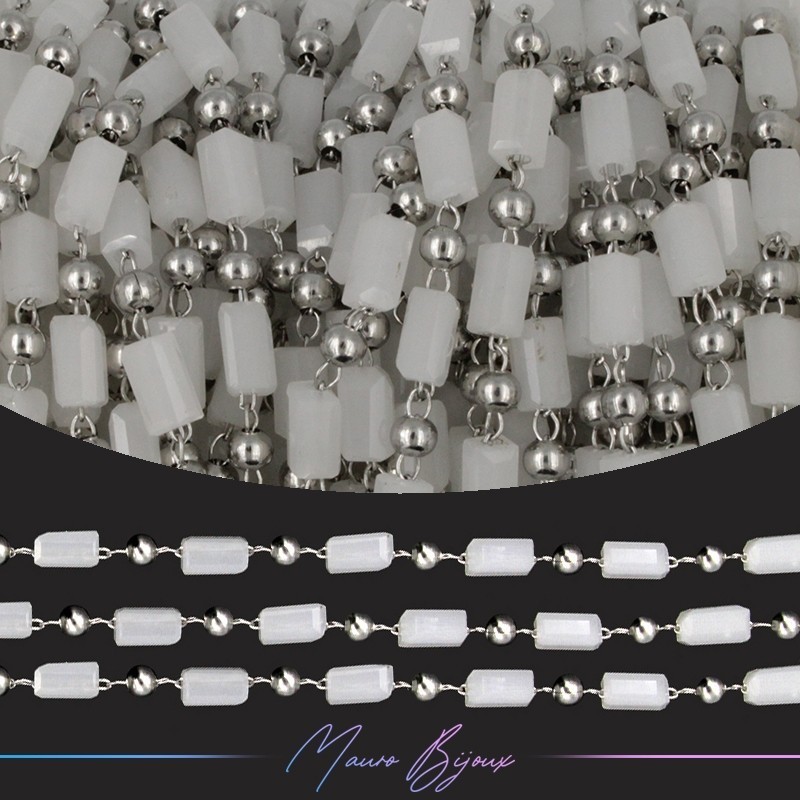 Chain in Inox Silver with Glass Crystals Rectangle White 1mt