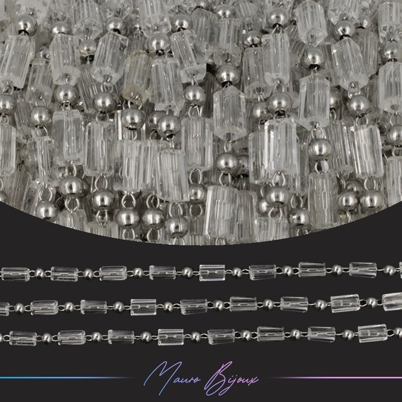 Chain in Inox Silver with Glass Crystals Rectangle Trasparent 1mt