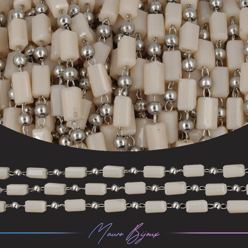 Chain in Inox Silver with Glass Crystals Rectangle Beige 1mt