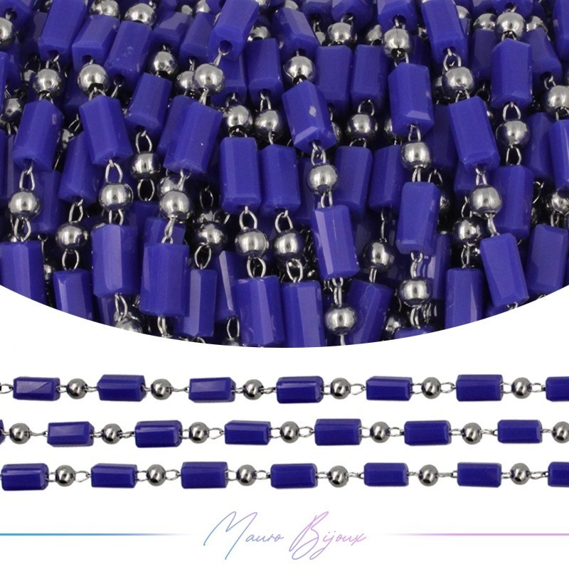 Chain in Inox Silver with Glass Crystals Rectangle Blue 1mt