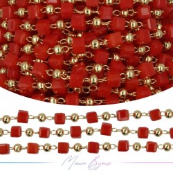 Chain in Inox Gold with Glass Crystals Square Red 1mt