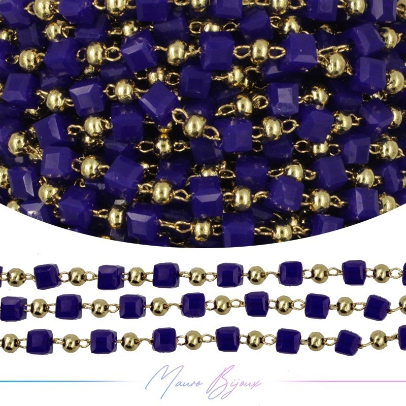 Catena in Acciaio Dorato Cristalli di Vetro Quadrato Blu 1mt